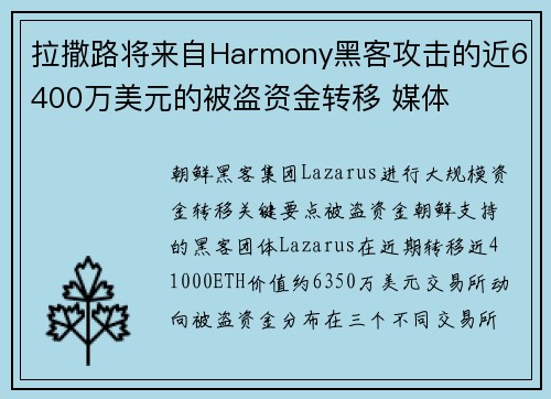 拉撒路将来自Harmony黑客攻击的近6400万美元的被盗资金转移 媒体